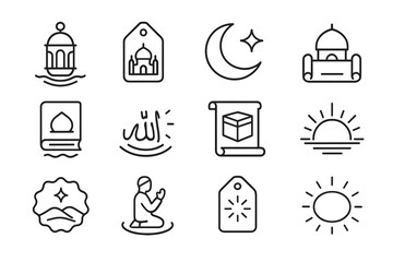 Islamic icon set featuring mosque, crescent moon, quran, and prayer elements