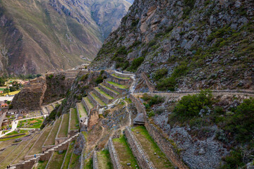 Ollantaytambo Ancient Agricultural Inca Terraces, in the Sacred Valley Mountains, Peru