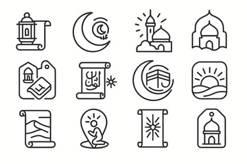 Collection of islamic icons: mosque, crescent moon, prayer, lantern, quran scrolls
