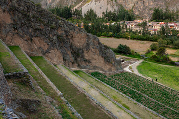 Ollantaytambo Ancient Agricultural Inca Terraces, in the Sacred Valley Mountains, Peru