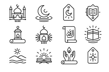 Set of islamic icon illustrations featuring mosques, quran, and crescent moon designs