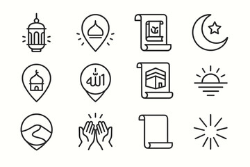 Islamic symbols including mosque, quran, crescent moon, and prayer icons in black and white