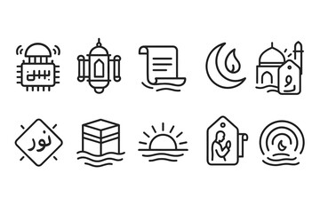 Islamic icon set featuring mosque, crescent, lantern, quran, and pilgrimage symbols
