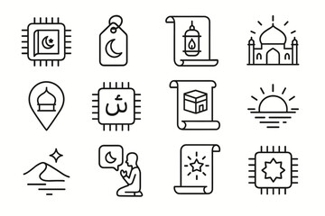 Islamic tech icons: mosque, lantern, prayer, and quran symbols