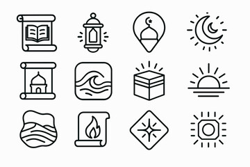 Islamic icon set featuring mosque, lantern, crescent moon, and more