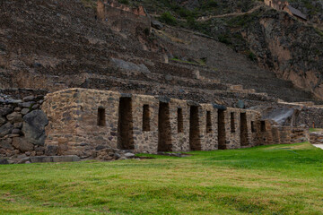 Ollantaytambo Ancient Fortress Palace Ruins in the Sacred Valley, set on the Urubamba River amid Mountains.