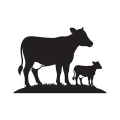 Calf Walking Near Grazing Cow Silhouette
