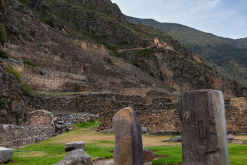 Ollantaytambo Ancient Fortress Palace Ruins in the Sacred Valley, set on the Urubamba River amid Mountains.