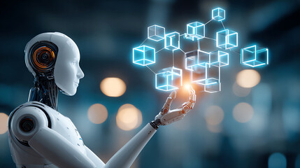 humanoid with a glowing holographic network of floating cubes, AI generated