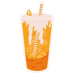 Orange soda with whipped cream, ice cubes and striped straw in clear glass isolated