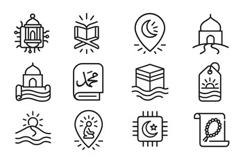 Islamic symbols and icons: mosque, quran, crescent, prayer, mecca
