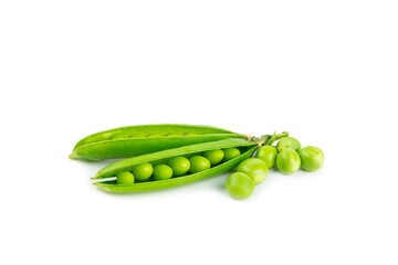 Fresh green pea pods with green peas isolated on white background. Sweet green peas. Green pea beans vegetables. Vegan. healthy green vegetable.
