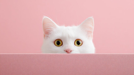 white cat behind pink wall, AI generated image