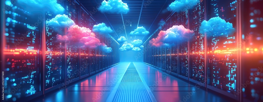Leinwandbilder Futuristic data center hallway with glowing server racks and colorful 3D cloud icons representing cloud computing, perfect for tech ads, cloud services, and digital infrastructure themes