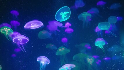 Magical abstract background with glowing jellyfish in neon lights floating in deep sea creating fantasy underwater atmosphere - Powered by Adobe