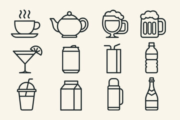 Collection of beverage icons featuring coffee, teapot, beer, martini, and more