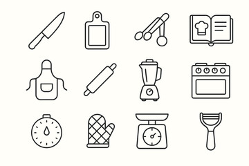 Obraz premium Kitchen utensils icon set: knife, blender, rolling pin, cutting board