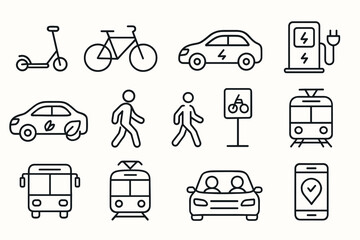 Eco-friendly transportation icons: electric cars, bikes, scooters, public transit