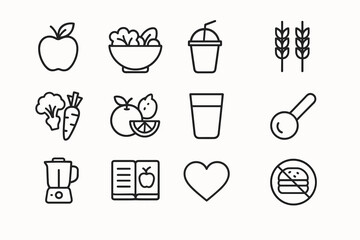 Healthy food and drink icons including fruits, vegetables, smoothie, and blender
