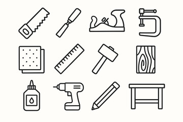 Fototapeta premium Outline icons of carpentry tools including saw, chisel, plane, clamp, and more