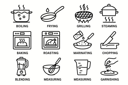 Cooking methods icons: boiling, frying, grilling, steaming, baking, roasting