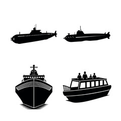 Obraz premium Collection of Submarine and Boat Silhouettes Vector Illustrations for Design Projects