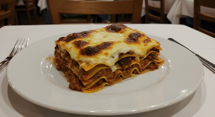 Lasagna al forno layered pasta with ragù, béchamel and cheese on a restaurant table