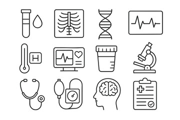 Fototapeta premium Set of medical icons: dna, heart rate, microscope, brain, stethoscope, x-ray
