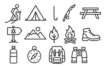 Camping and hiking icon set featuring tent, campfire, and hiking gear