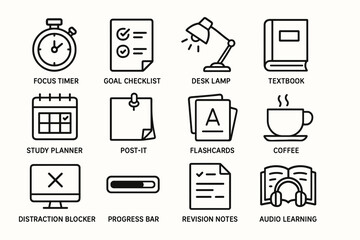Study tools and resources icons including timer, checklist, coffee, and textbook