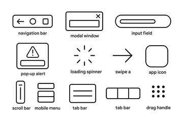 Collection of ui elements including navigation bars, modal window, and input fields