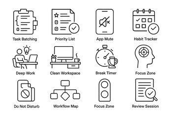 Productivity icons: task batching, app mute, habit tracker, clean workspace, focus zone