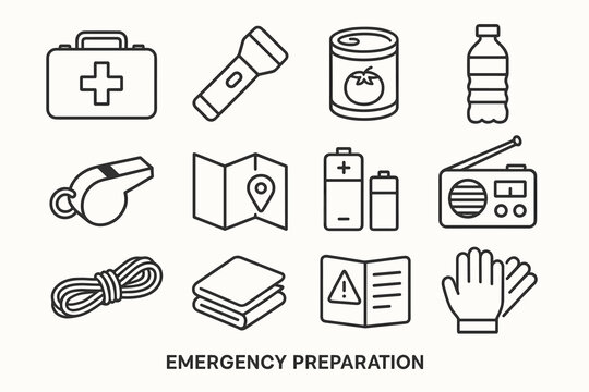 Essential emergency preparation items line art including first aid, map, radio, flashlight