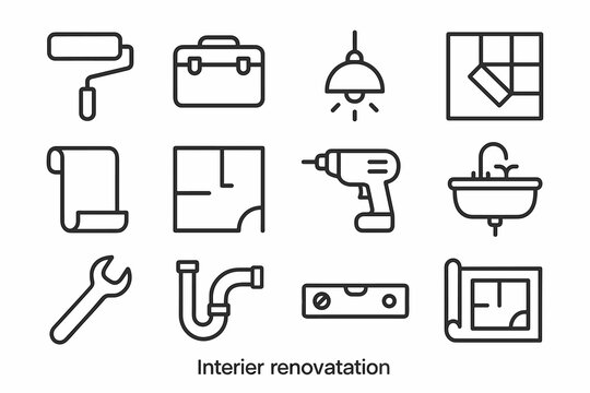 Interior renovation tools and icons for home improvement projects