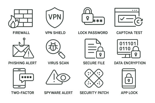 Cybersecurity icons: firewall, vpn, lock, encryption, two-factor authentication