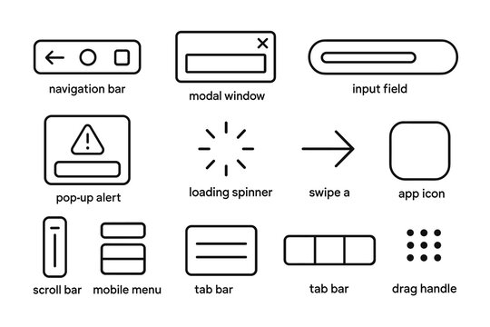 Collection of ui elements including navigation bars, modal window, and input fields