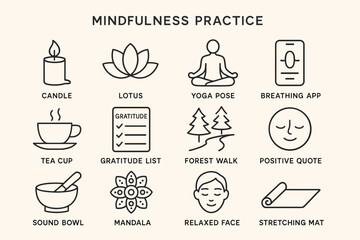 Mindfulness practice icons: yoga, meditation, relaxation techniques illustrated