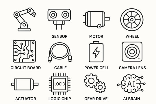 Robotics components: sensor, motor, circuit board, actuator, logic chip, ai brain
