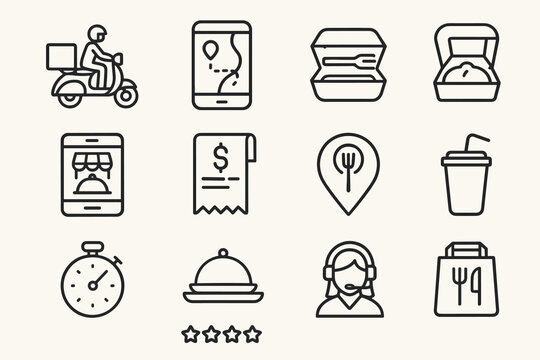 Food delivery icons set illustrating online ordering and fast service