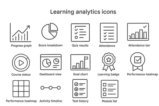 Learning analytics icons collection: graphs, attendance, results, and more