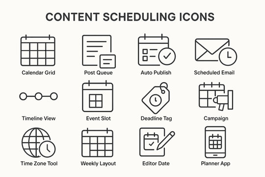 Content scheduling icons: calendar, email, timeline, campaign, planner