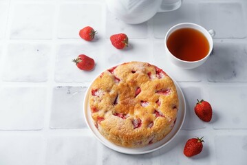 Cake with strawberries in a plate