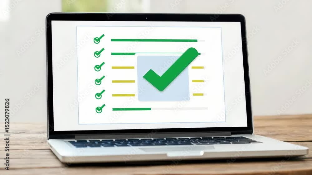 Poster a sleek laptop displaying a checklist with a green checkmark, symbolizing task completion and produc