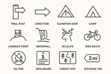 Outdoor adventure icons: trail markers, wildlife, and camping signs for hikers