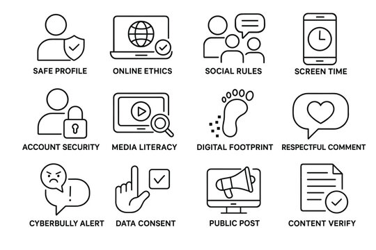 Digital safety and media literacy icons: online ethics and cyberbullying alert