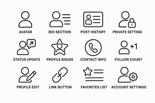 User interface icons set: profile, settings, and social features