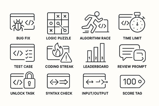Programming challenge icons: bug fix, logic puzzle, algorithm race, coding streak, leaderboard