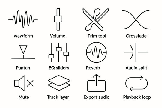 Audio editing icons: waveform, volume, trim tool, crossfade, eq, reverb
