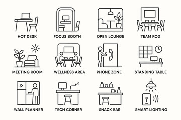 Office workspace icons: desk, booth, lounge, meeting room, wellness, phone, table, wall, tech, snack, lighting