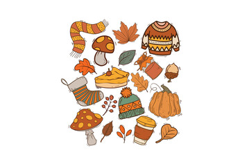 Fall Essentials Pattern with Warm Drinks, Acorns and Pumpkins Illustration Design
